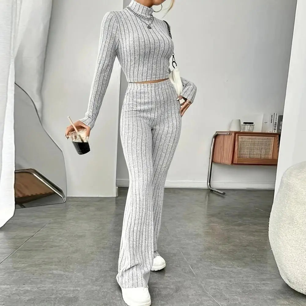 Slim Fit Women Suit Women Knitted Suit Elegant Knitted Winter Outfit Turtleneck Cropped Top High Waist Flared Pants Women's Slim