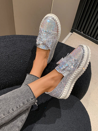 Fashion Women Shoes Shining Rhinestone Loafer Bowknot Slip-on Thick Botton Casual Ladies Crystal Female Platform Sneakers Sports