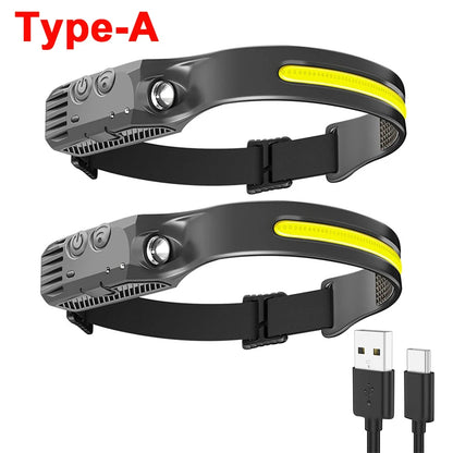 LED Headlamp Sensor Headlight USB Rechargeable Camping Search Light Head Flashlight With Built-in Battery Outdoor Work Light 2Pcs Type-A