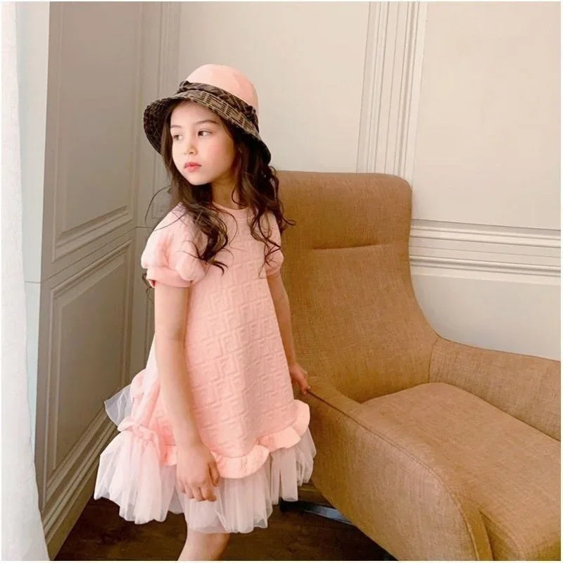 Children's Dress Spring Summer New Girls' Pink Gauze Short Sleeve Princess Dress Girls Clothes Ropa De Niña