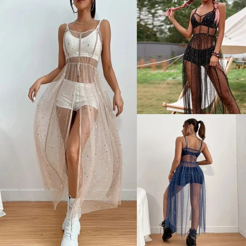 Festival Rave Outfit Mesh Dress Beach Boho Clothing Women Summer Cover Up Robe Long Femme Vestido Mujer Maxi Sexy Party Dresses