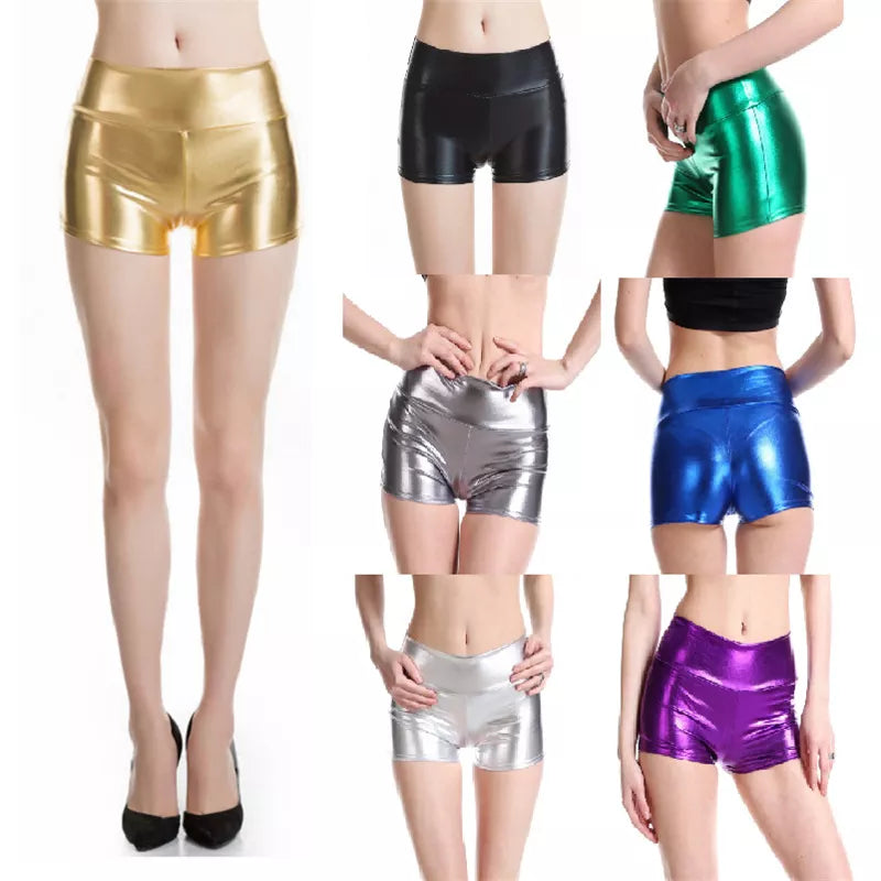 Lady Summer Fake Leather Punk Shorts Mid Waist Bright Shine Party Polo Dance Disco Shorts Woman Silver Green Blue Golden Pant