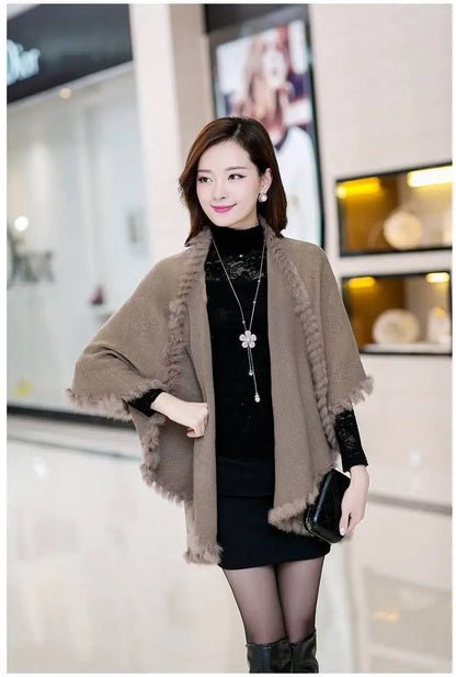 Real Rabbit Warm Spring Shawl Knitted Poncho Women Streetwear Pashmina Fashion Korean Version Two Layers Cardigan Emboss Capes