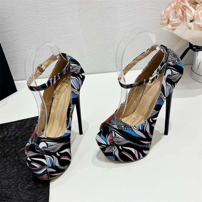 Eilyken Designer Print Peep Toe Ultra Thin High Heels Women Pumps Sexy Pole Dancing Ankle Buckle Strap Ladies Shoes