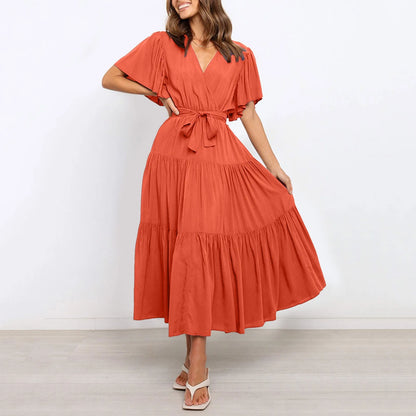 Women Chiffon Dress 2024 Summer Lace-Up Butterfly Sleeve Casual Ruffle V-Neck Fashion Party Vestidos Sexy Bohemian Robe Femme