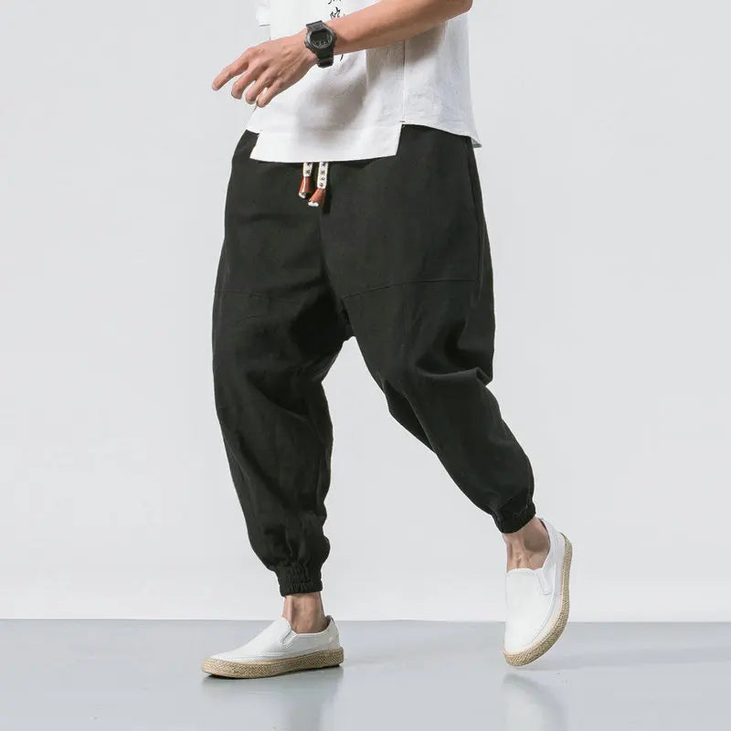 2023 Spring oversize casual pants men streetwear cotton linen harajuku joggers fashion baggy harem pants for man A14 Black CHINA