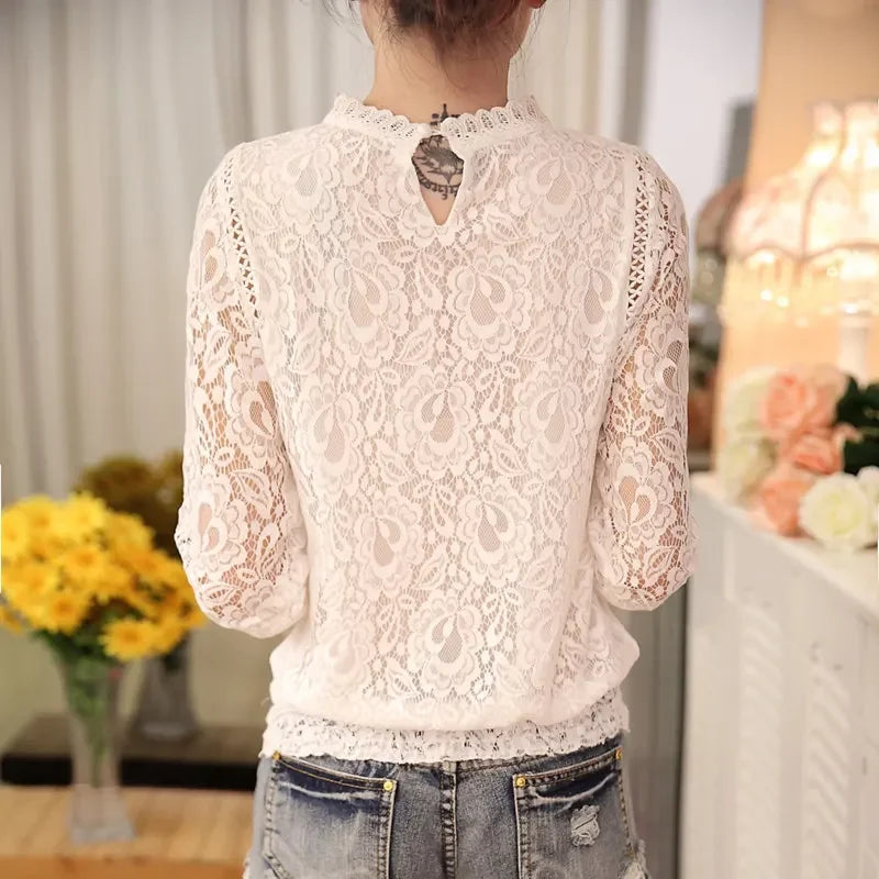 Summer Casual White Lace Clothing Fashion Long Sleeve New Tops Shirts for Women Elegant Black O-neck Ladies Blouse Blusas 51C