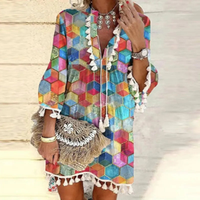 Women Vintage Print V Neck Tassel Mini Dress Casual Loose Three Quarter Sleeve Beach Dress 2024 Spring Summer Party Dress Femme