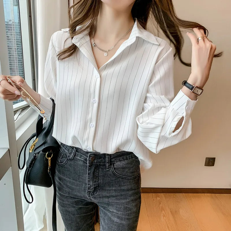 Fashion Woman Blouses 2023 Chiffon Long Sleeve Shirt Tops Woman White Blouse Shirts Striped Top Pretty and Cheap Women's Blouses