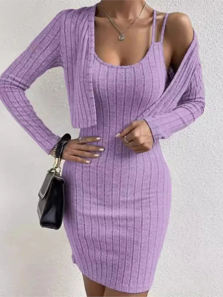 Fashion Women Slim Mini Dress 2 Piece Sets Autumn Ribbed Double Strap Bodycon Sleeveless Vest Dress  Long Sleeve Cardigan Set