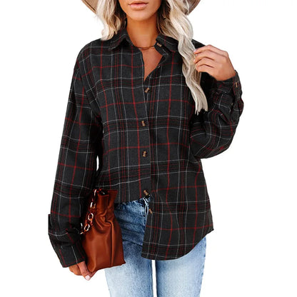 2024 New Spring Autumn Women Blouses Tops Female Casual Loose Boyfriend Plaid Shirt Women Long-sleeve Lapel Tops 2XL Shirts