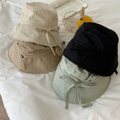 Korean Ins Lace-up Fisherman Hat Women Ins Blogger Lightweight Windbreak Windproof Rope Sunshade Basin Hat Sun Bucket Hat