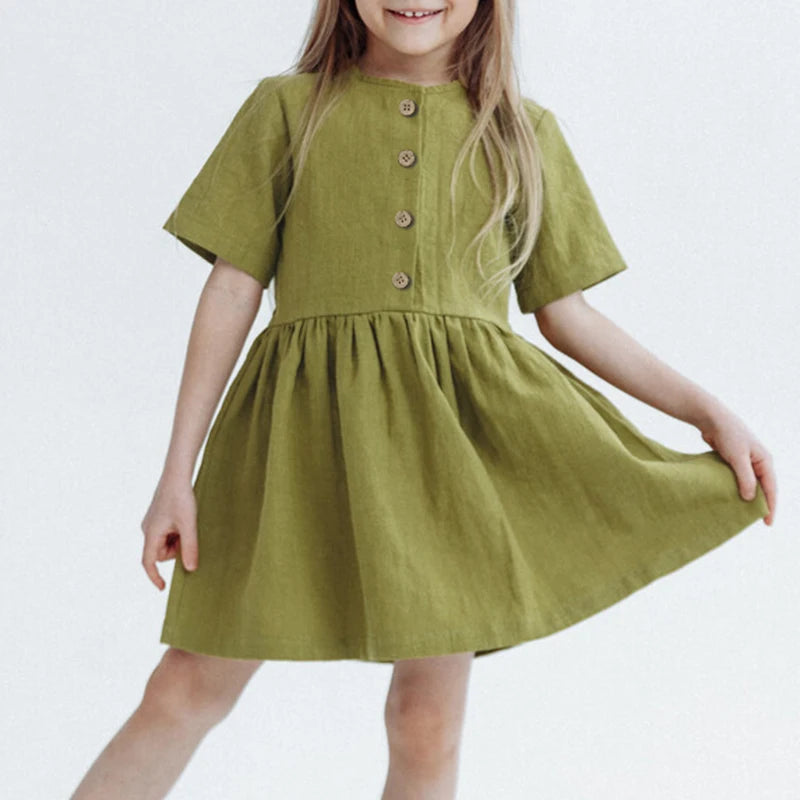 Summer Girl's Ramie Short-Sleeved Dress Vintage New Baby Kids Casual Soft And Breathable Loose Dresses With Buttons Green CHINA