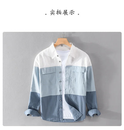 Contrast Color Patchworked Shirt Men Clothing Cotton Long Sleeve Spring Autumn Retro Cargo Casual Wear Pockets Fashion Loose