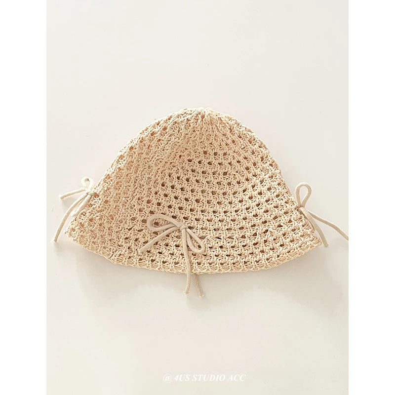 Korean Ins New Cute Bow Hollow Knitted Women's Caps Spring and Summer Sunshade Versatile Show Face Small Sweet Bucket Hat khaki 56-58cm