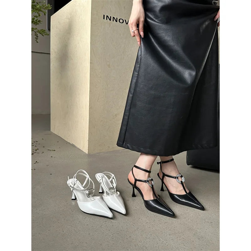 In The Spring And Autumn Of 2024, The New Korean Version Of Pointy One-word Buckle Bao Head High-heeled Women's Sandals