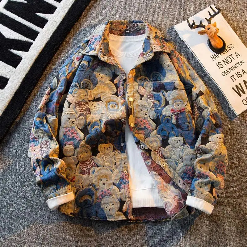 Men's Clothes American Vintage Oil Painting Shirt Embroidered Flower Men's Long Sleeved Shirt Men Shirts Art Student Casual Coat 12