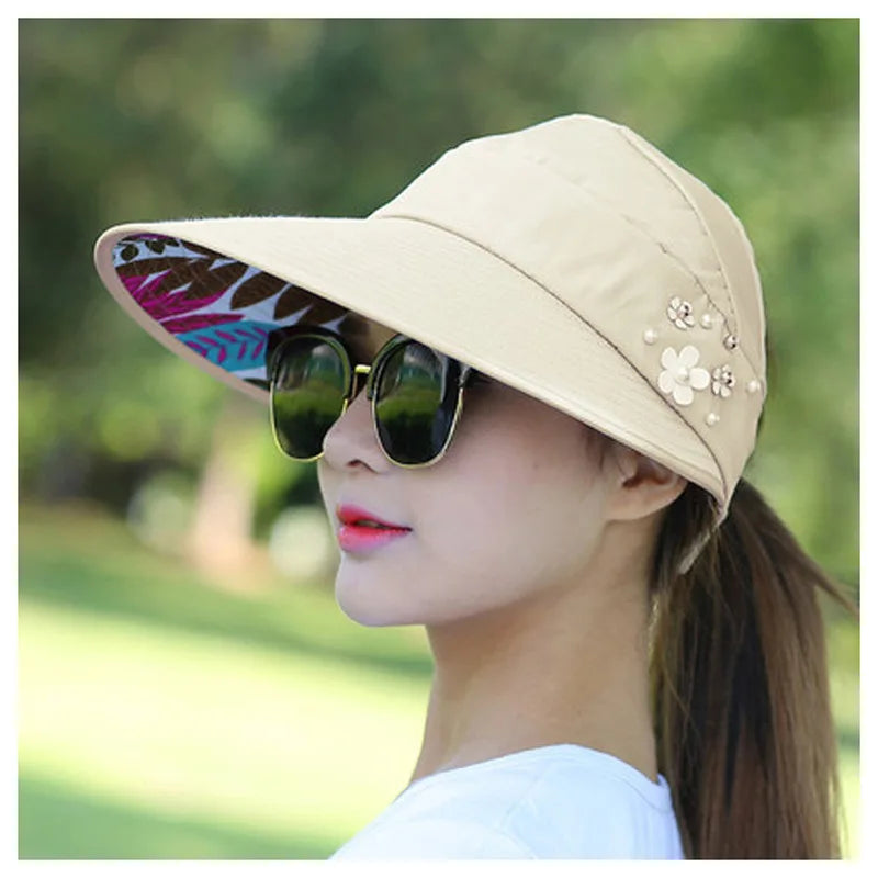 Summer Hats for Women Foldable Sun Hat Pearl Flower Visor Suncreen Floppy Cap Female Outdoor Casual Baseball Cap Hat for Woman