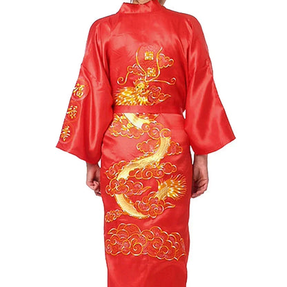 Men's Satin Robes Chinese Style Dragon Embroidery Kimono Silk-like Bathrobe Pajamas Sleepwear Gown Bath Robe