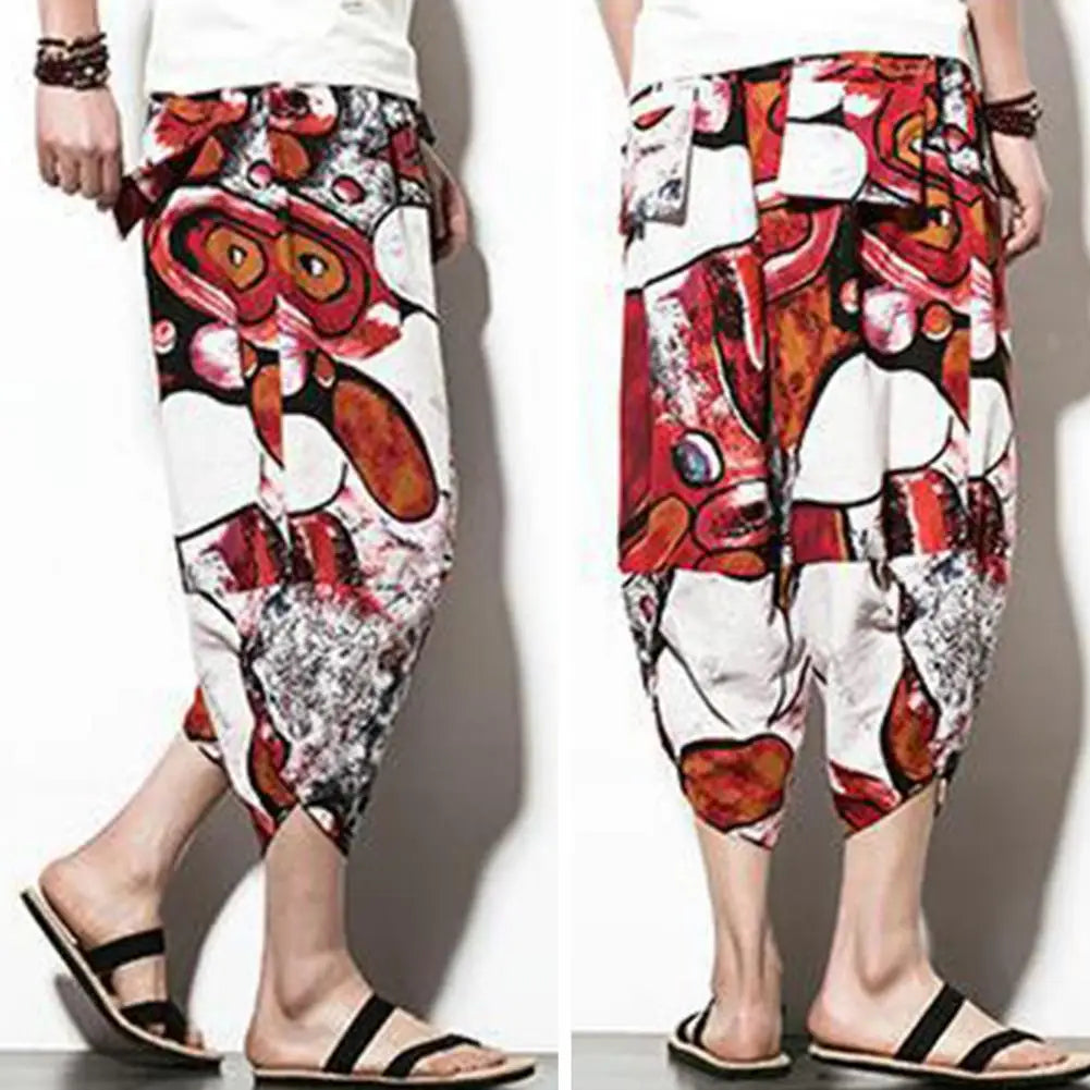 Harajuku Summer Loose Calf Length Casual Pants Men Wide Leg Cotton Linen Printing Baggy Pants Oversize Men's Trousers