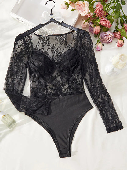 Women Lace Net Long Sleeves Bodysuits Fashion See-through Jumpsuit Thongs Slim Shapewear Fashion Sexy Fit Bodyshaper Tops Onesie