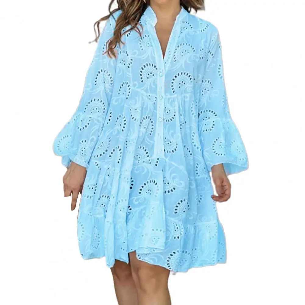 Women's Summer Vintage Lace Dress Loose Elegant Lady Style Dress Stand Collar Puff Sleeve Dress Stylish A-line Dress Lady Supply Blue