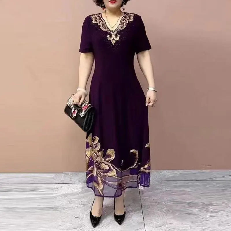 Women's Clothing Vintage Floral Embroidery Long Dress Fashion Diamonds Summer Elegant V-Neck Casual A-Line Waist Dresses PURPLE