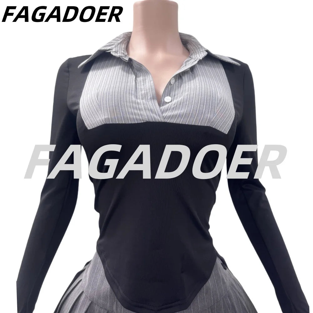 FAGADOER Fashion Two Piece Set For Women Preppy Style Polo-neck Button Stripe Print Patchwork Shirts And Pleated Skirts Suits