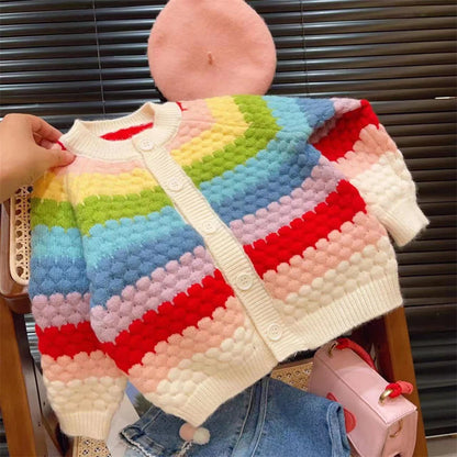 Rainbow Striped Knitted Cardigans for Kids Baby Girls Autumn Winter Long Sleeve Single-breasted Sweater Coats Children Clothes