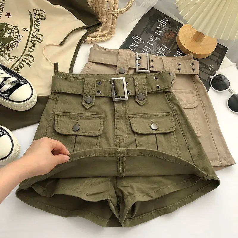 Designer Fake Two-piece Skirts Shorts Women Autumn and Winter High-waisted Y2K A-line Belt Shorts Women's Outwear Cargo Shorts