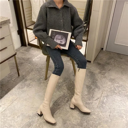 Women Warm Long Boots Woman Knee High Booties Ladies Shoes Platform Thick Heel PU Leather Soft Zipper Woman Fashion Winter 2023