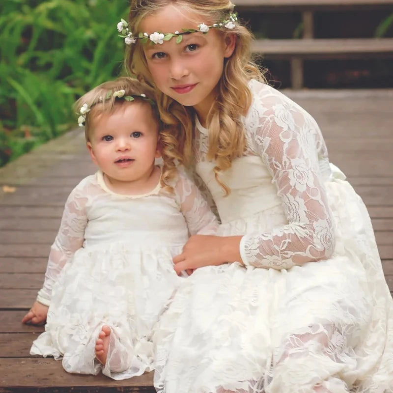 2-12 Year Flower Girl Dresses White Beige Long Sleeve Summer Dress Communion Toddler Kids Christening Wedding Bridesmaid Clothes