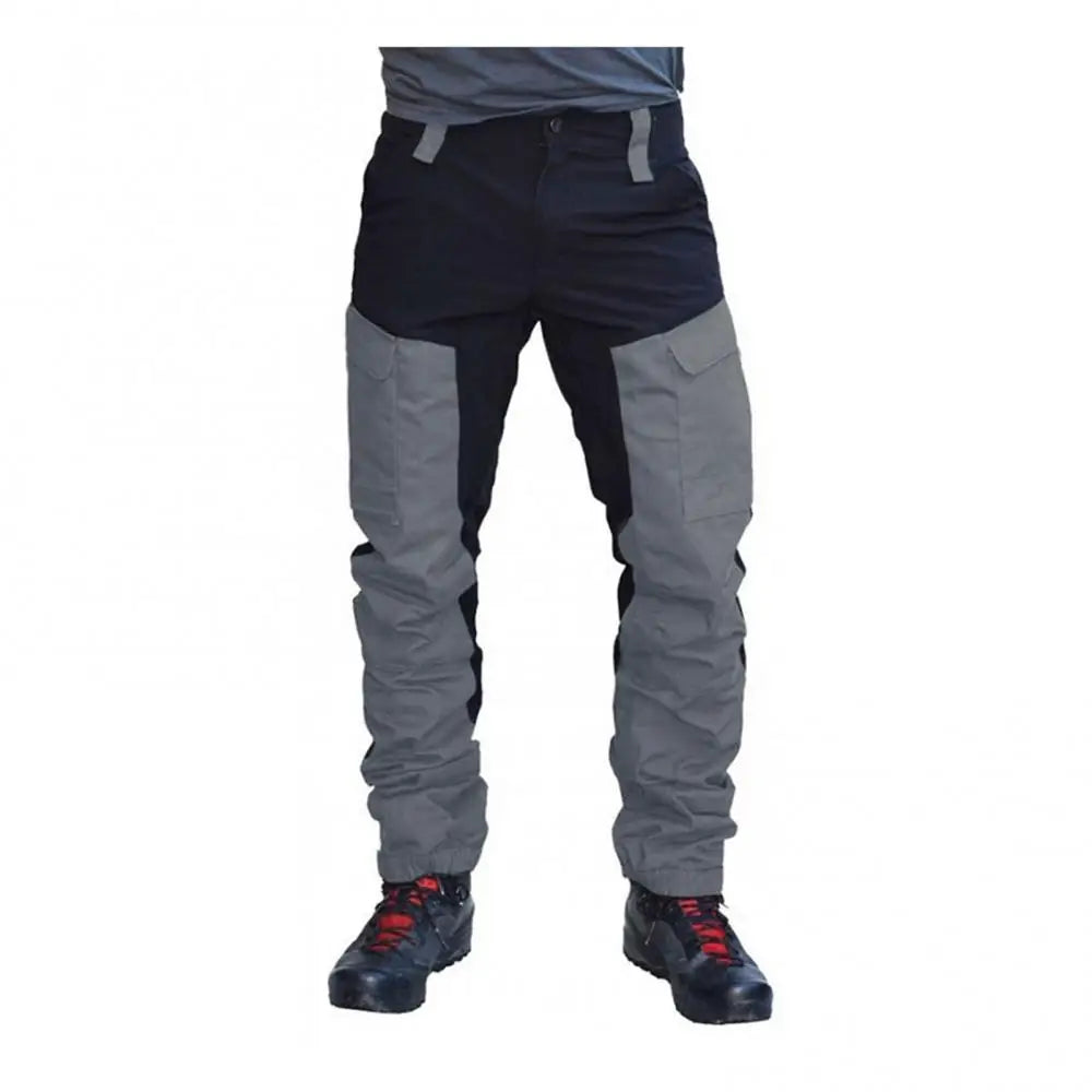 Nylon Men Cargo Pants Color Block Multi Pockets Sports Pants Work Trousers Outdoor Hiking Trekking Army Tactical Joggers Pants Greyish Green