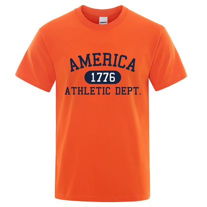 America 1776 Athletic Dept Letter Tshirt Man Fashion Tee Clothes Summer Luxury T-Shirt Hip Hop Breathable Cotton Tee Clothes Orange