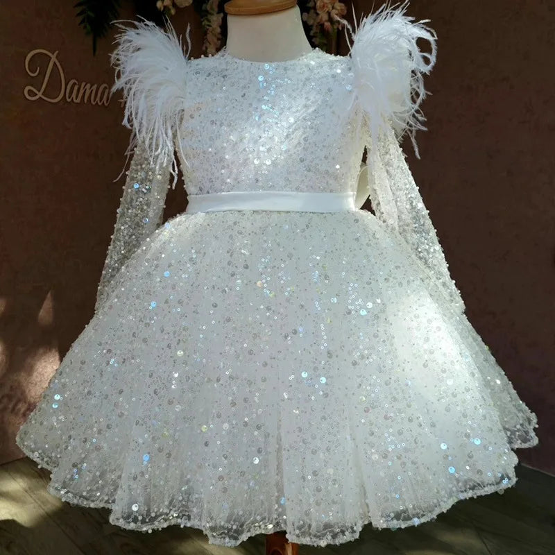 Fashion Baby Girl Princess Sequins Tutu Dress Feather Long Sleeve Child Vestido Wedding Party Birthday Xmas Baby Clothes 1-14Y