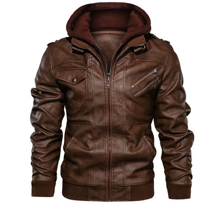 New Fashion Male Street Wear Motorcycle Leather Jackets Hat Detachable Men Hooded Leather Jackets Slim Casual Leather Coats 5XL Brown