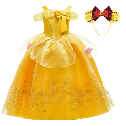 Girls Dress Belle Costume Kids Halloween Carvinal Fancy Cosplay Belle Clothes Children Wedding Party Flower Printing Dress 3-10Y