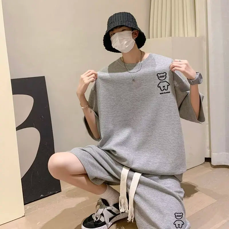 Korean Fashion Men Short Sets Hip Hop Rock Casual Short Suit Funny Bear Tshirts Shorts 2 Piece Set Summer Tracksuit Men 2023 New