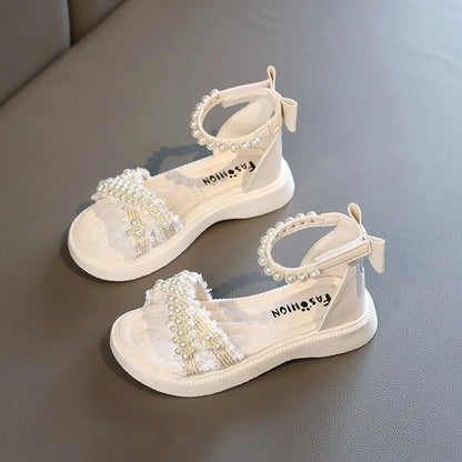 Children Summer New Sandals for Girls Fashion Pearls Beading Soft Platform Kids Casual Open-toe Beach Party Shoes with Bow-knot White