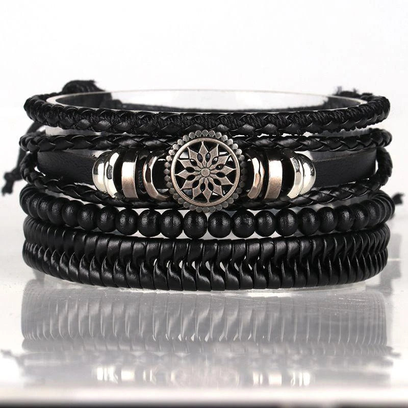 4Pcs/ Set Braided Wrap Leather Bracelets For Men Vintage Life Tree Rudder Charm Wood Beads Ethnic Tribal Wristbands 02