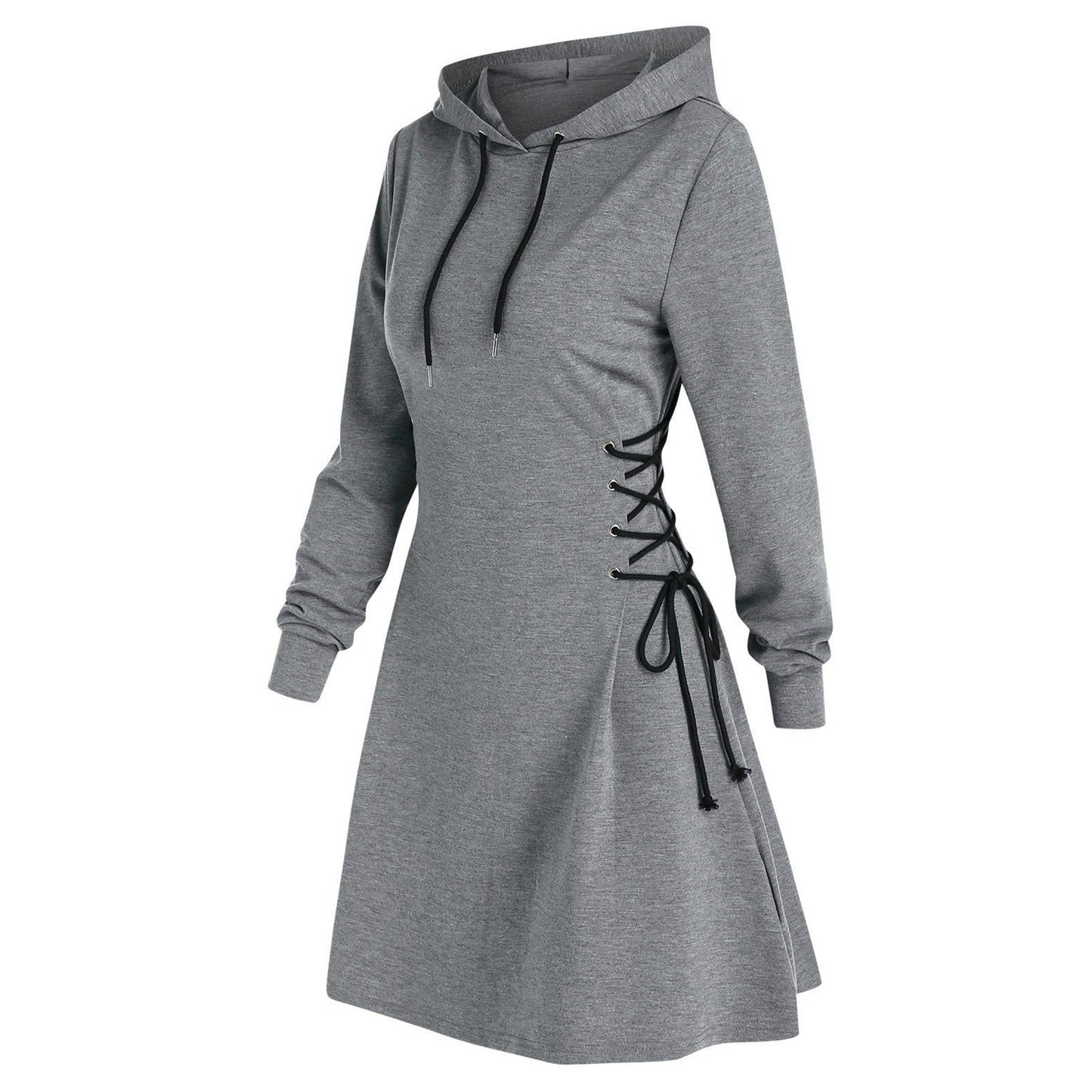 Women Tie Waist Mini Dress Hoodies V Neck Long Sleeves Slim Fit Hoodies Sweatshirts Ladies Fashion Long Solid Drawstring Hoodies