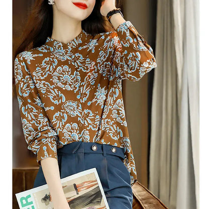 Spring Autumn New Fashion Stand Collar Long Sleeve Printing Blouses Women's Clothing Loose Western Style All-match Trend Shirts