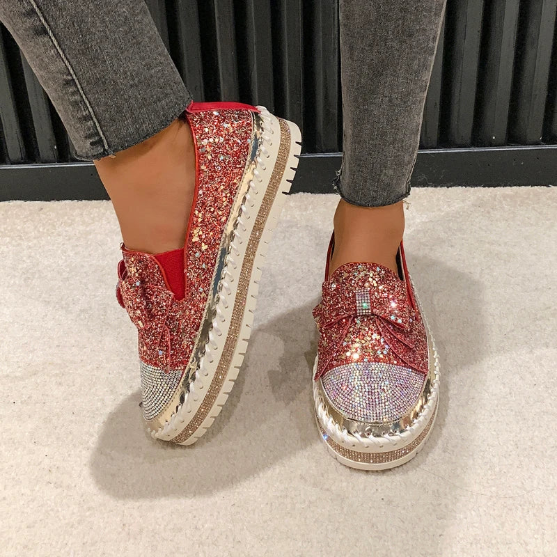 Fashion Women Shoes Shining Rhinestone Loafer Bowknot Slip-on Thick Botton Casual Ladies Crystal Female Platform Sneakers Sports