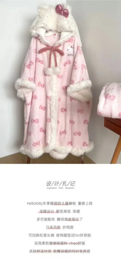 Sanrio Pajamas Hellokitty Nightgown Women's Coral Velvet Autumn and Winter Thickened Cloak Hello Kitty Pajamas Home Clothes