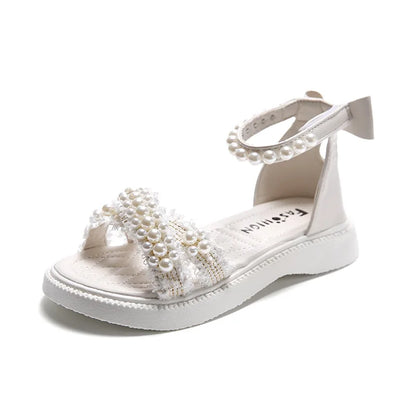 Children Summer New Sandals for Girls Fashion Pearls Beading Soft Platform Kids Casual Open-toe Beach Party Shoes with Bow-knot