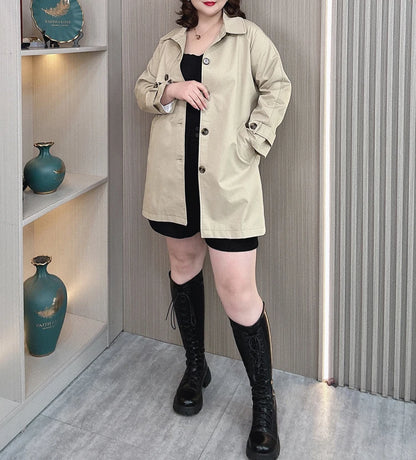 Women's Washed Cotton Trench Coat, Single Breasted, Medium Long, British Wind Outerwear, Loose, Plus Size, Autumn, New, 2311