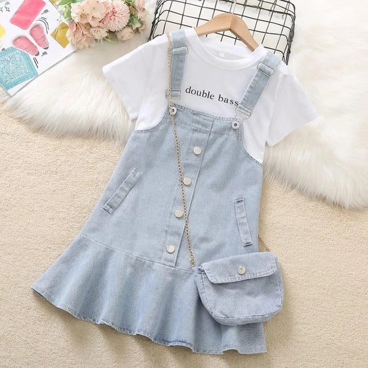 4-12 Years Girls Clothing Sets Summer Suspender Dress Little Princess Suit Fashion Straps Denim Overalls Send Bag Birthday Gift