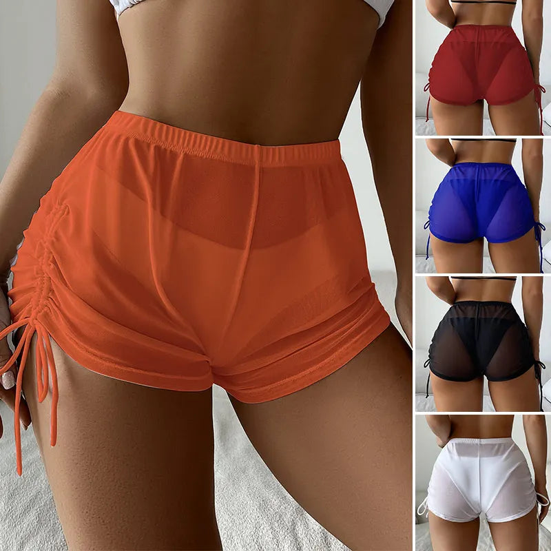 Women Sheer Mesh Bikini Shorts Beach Cover Up Solid Color Sheer Mini Swimming Suits Drawstring Holiday Bathing Beachwear