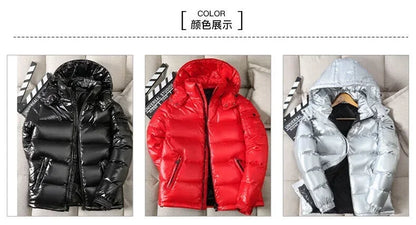 2025  New Winter Bright  Down Jacket  Men Fashion Casual Coat Shiny Hooded Youth Women Thick Warm Glossy Duck Zipper Male White