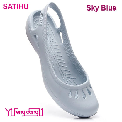 Lovely Satihu Summer New Lightweight Anti Slip Hole Shoes Clog For Women's Flat Bottom Sandals Nurse Outdoor Beach Jelly Sky Blue